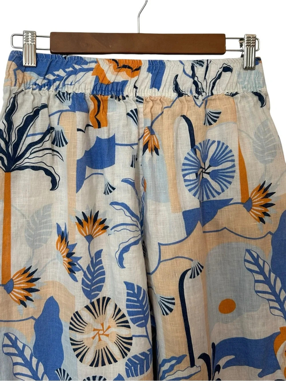 Nicole Miller 100% Linen Wide Leg Tropical Floral Summer Pant SZ M Blue Orange